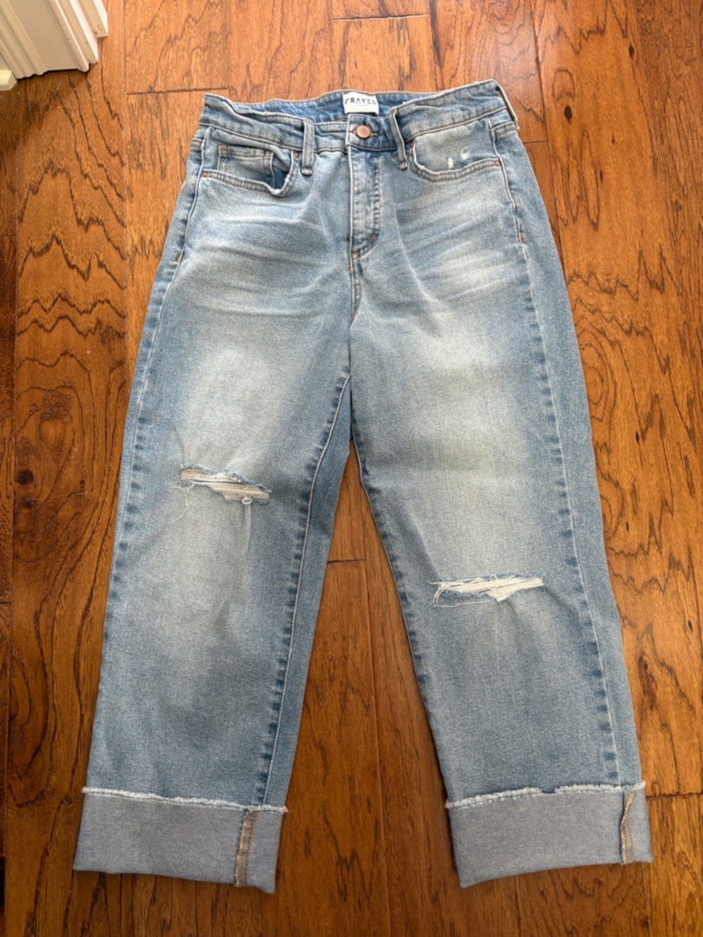 Frayed Light Blue Distressed High-Rise Crop Jeans